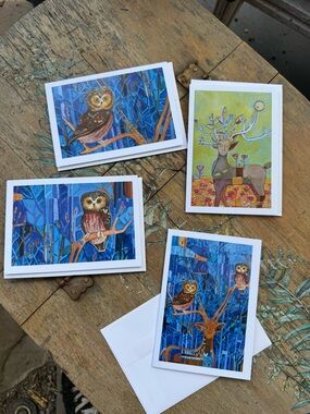 Set of Illustrated Owl & Deer Art Greeting Cards - Blue & Gold